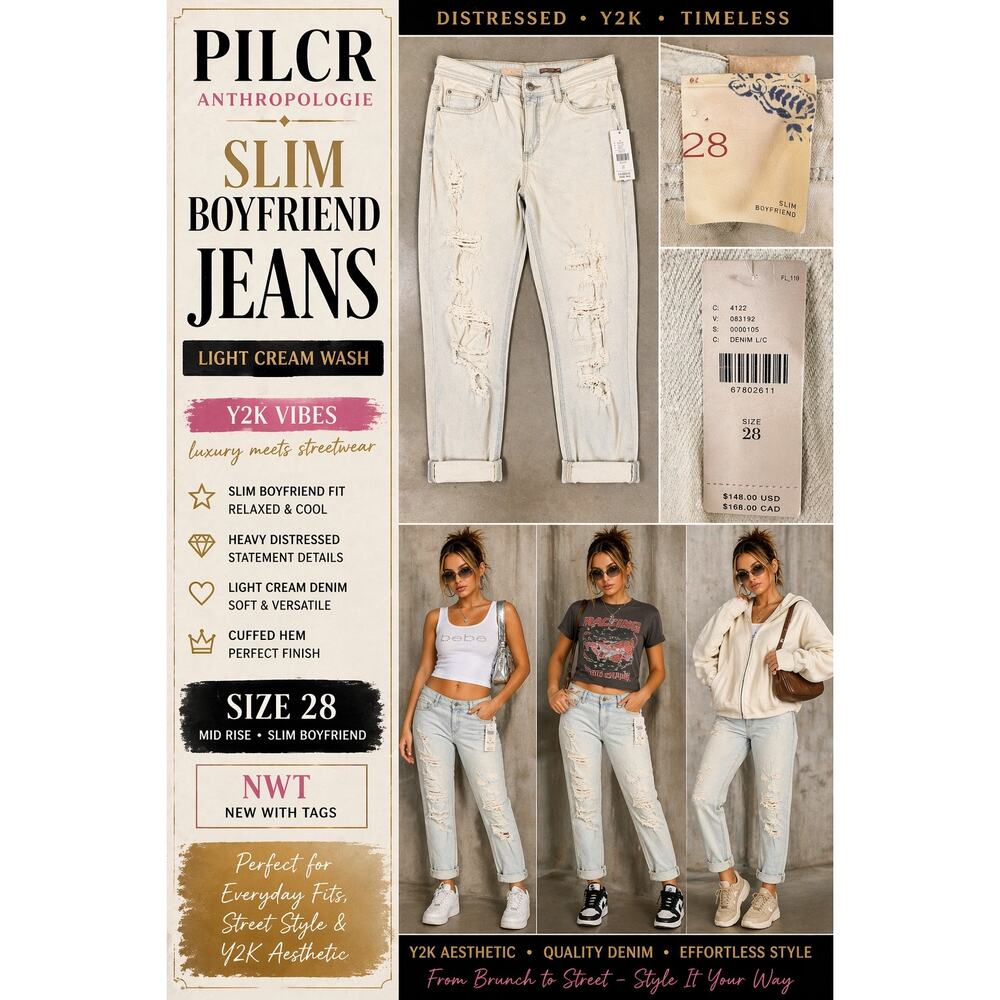 Pilcro Anthropologie Slim Boyfriend Jeans 28 Cream Distressed Raw Hem Y2K